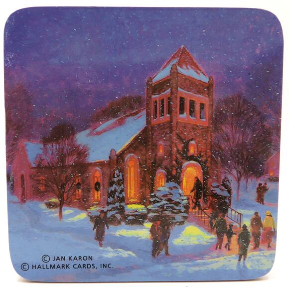 Hallmark Jan Karon Christmas Coaster Set 4 Cork Backed Winter Village Scenes - Picture 8 of 9